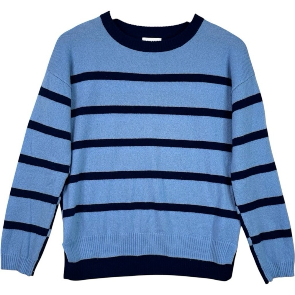 Brodie Cashmere Sweater XS Blue Navy Stripe Crew Neck 100% Cashmere Pullover